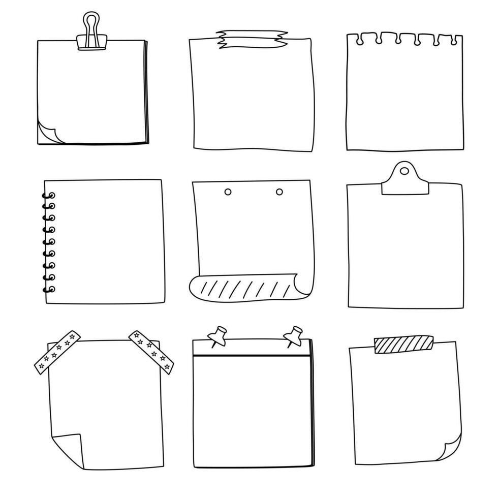 Hand drawn notepaper, doodle message sticky notes, vector illustration