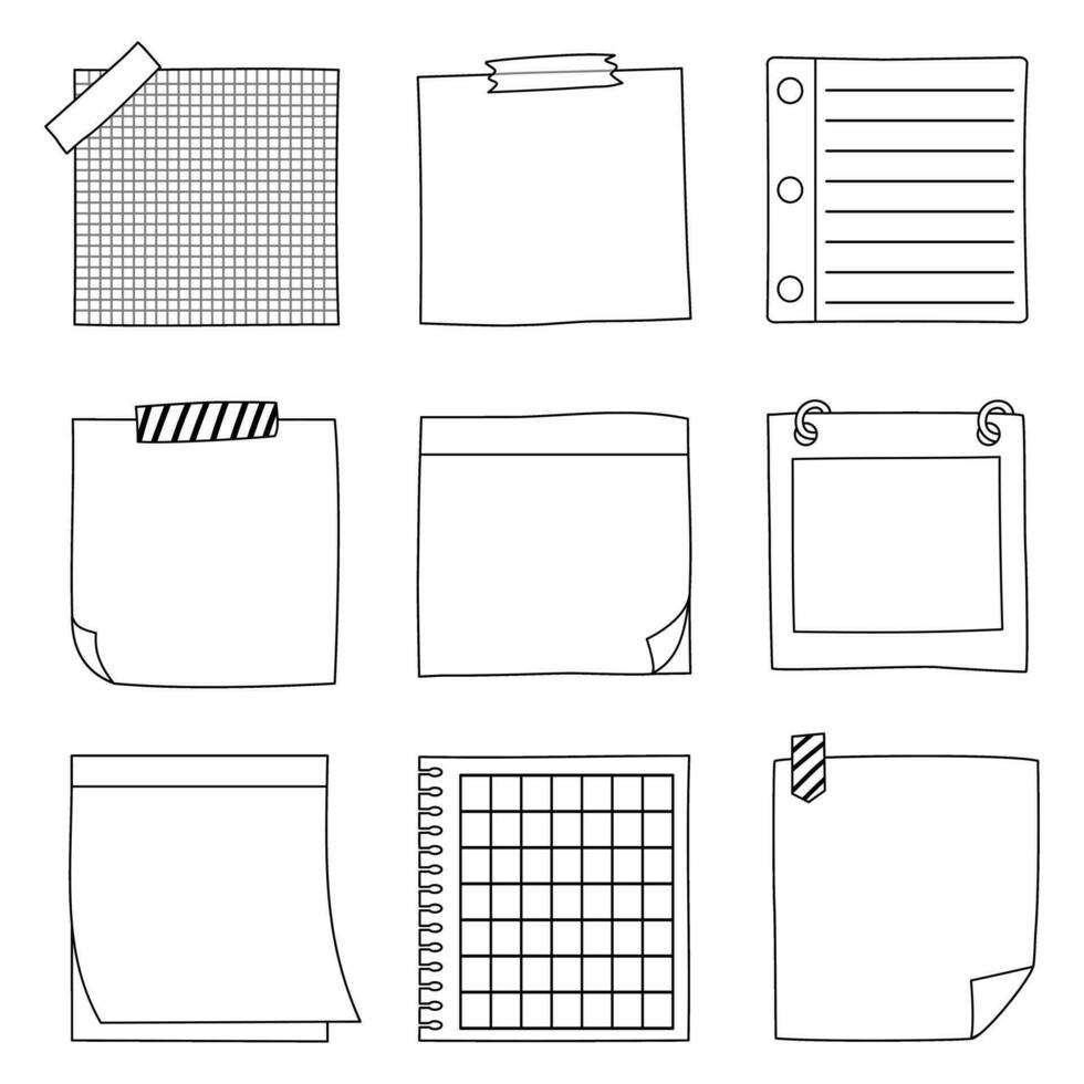 Hand drawn notepaper, doodle message sticky notes, vector illustration.