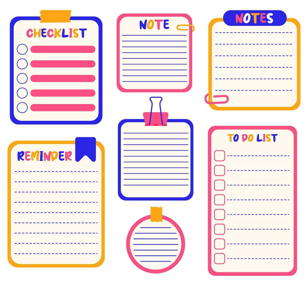 Kawaii to-do list, checklist, reminder and notes for organizer. Set of blank paper notes template or cute stickers for planner. vector