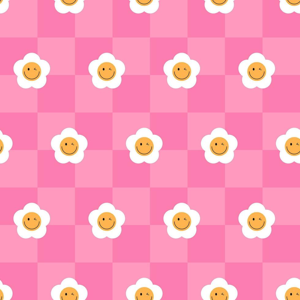Y2k seamless pattern with daisies on chess background in trendy retro trippy 2000s style. vector