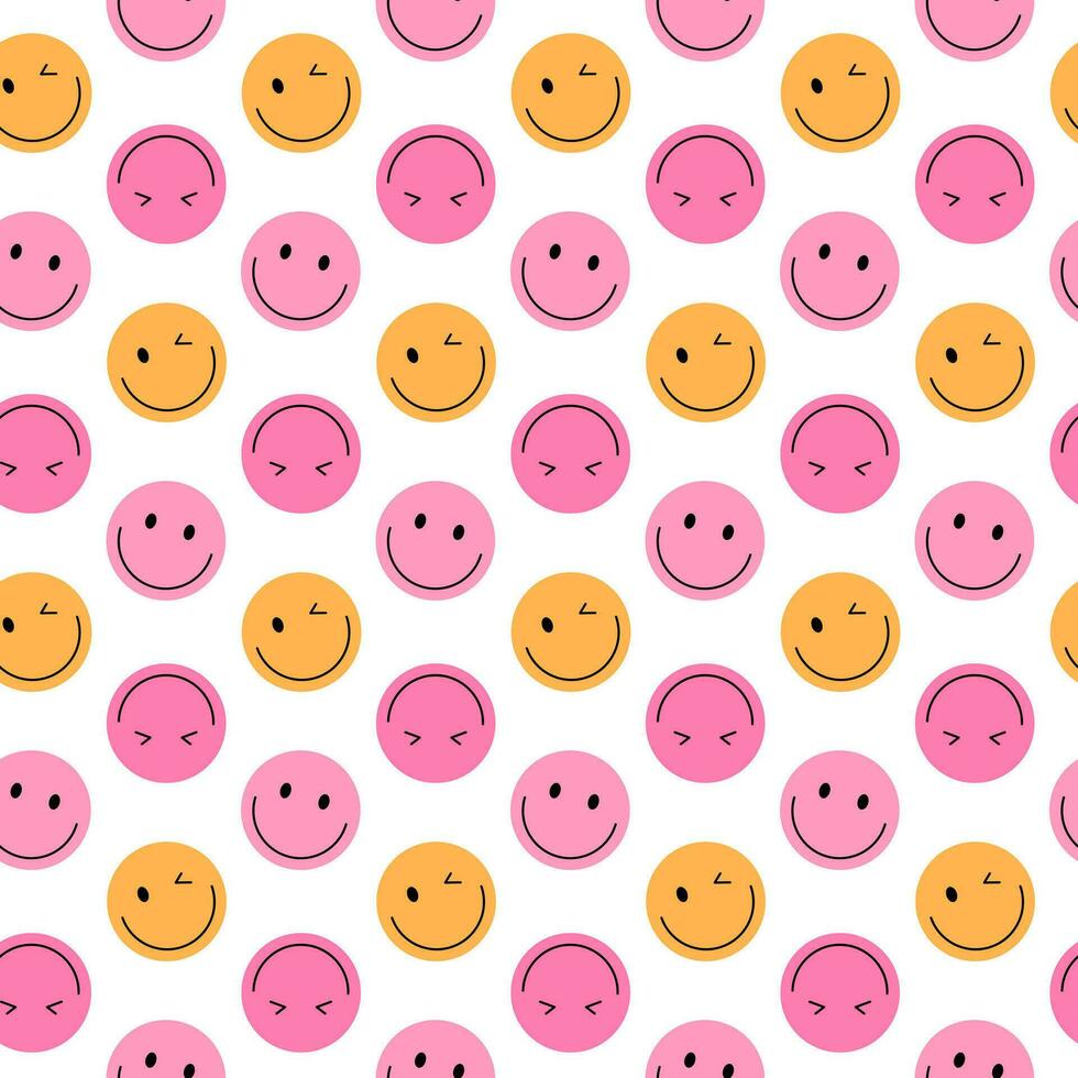 Y2k seamless pattern with smile faces on white background in trendy retro trippy 2000s style. vector