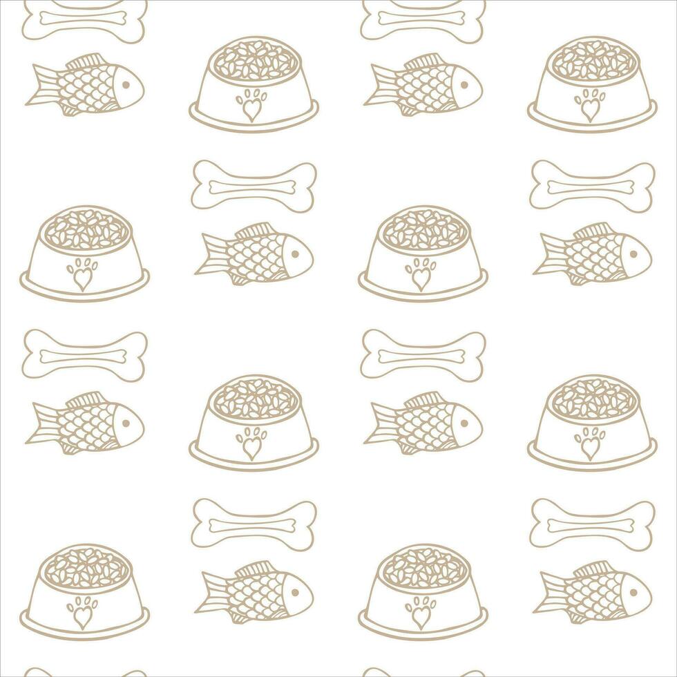 Seamless pattern with dog chew bone, cat fish, food bowl in doodle style. Background with pet toys. Vector illustration.