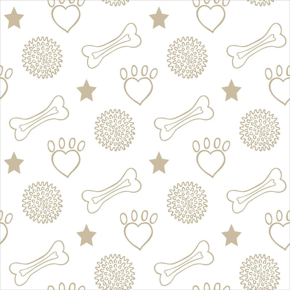 Seamless pattern with items for pets. Background with chewing bone, ball with spikes, paw print, star. Vector illustration.