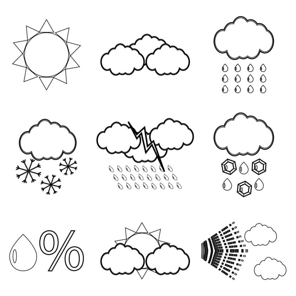 Weather icon set linear. Snowflake and lightning, snow and rain, vector illustration