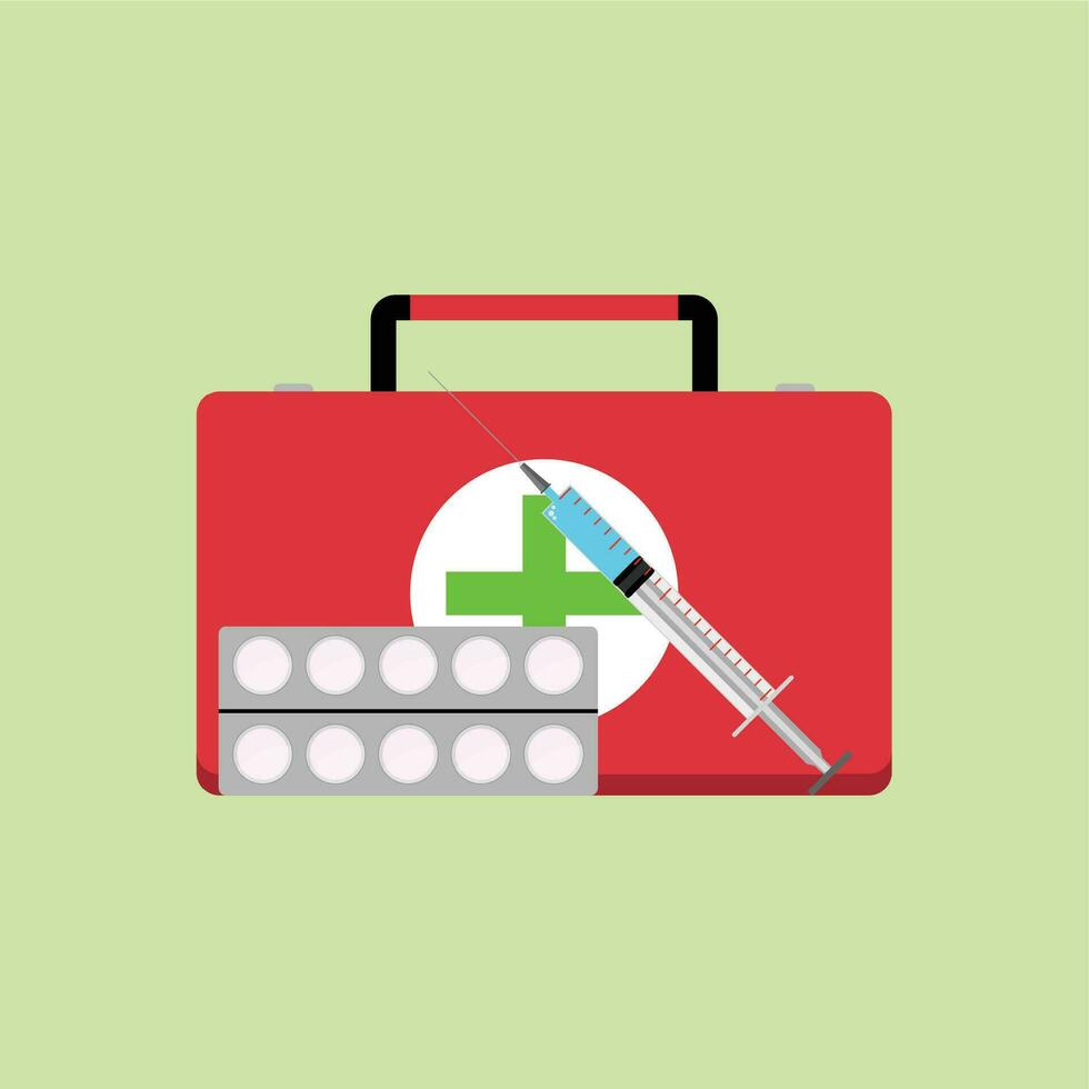 Fast first medical aid. Health and injection syringe, vector illustration