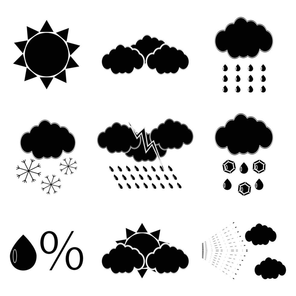 negro silueta meteorología íconos colocar. temperatura calentar icono, naturaleza meteorología web botón, vector ilustración