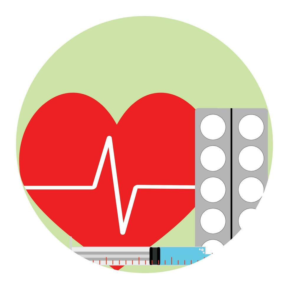 cardíaco inyecciones y tabletas farmacia ayuda a corazón, firmar de cuidado de la salud medicamento. vector ilustración