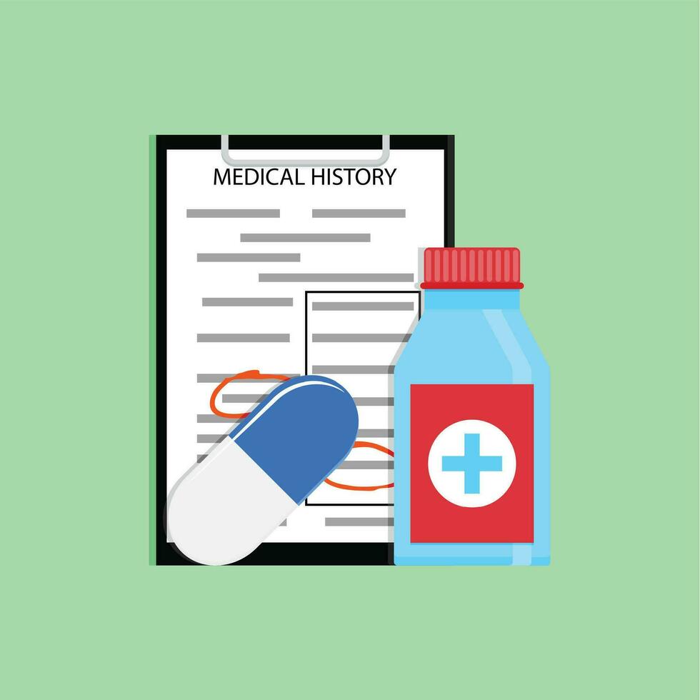 Patient treatment concept. Medication and information about med history. Vector illustration