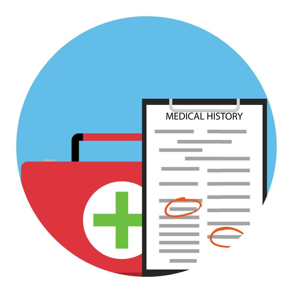 Healthcare service icon. Medication emergency, medical history and bag aid. Vector illustration