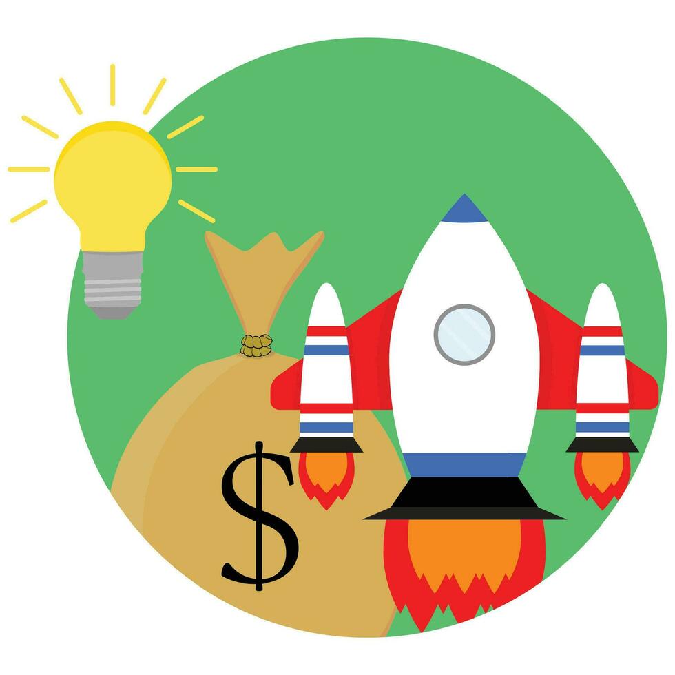 Idea of a business start-up. Development and strategy, sack of money and spaceship start up. Vector illustration