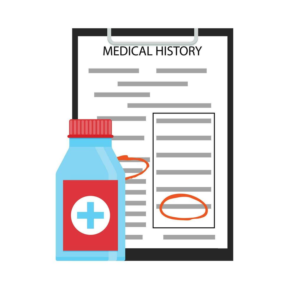 Treatment by medical history. Prescription and receipt, vector illustration