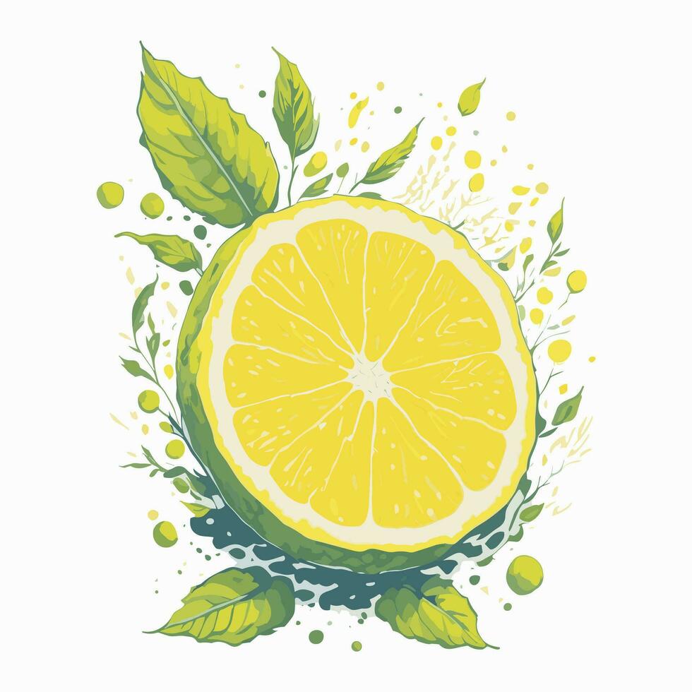 Lemon with green leaves and splashes vector illustration