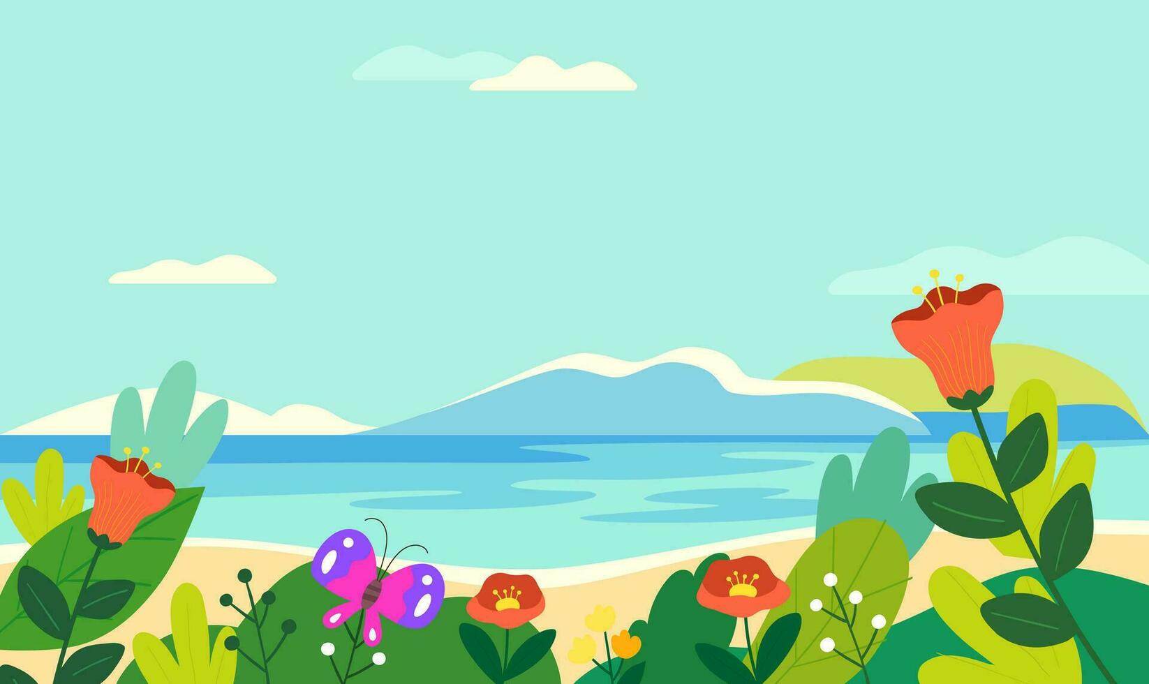 Summer background with tropical plants and flowers. Tropic foliage border on seascape beach, waves, pebble, sand, butterfly and distant trees. Vector flat illustration.