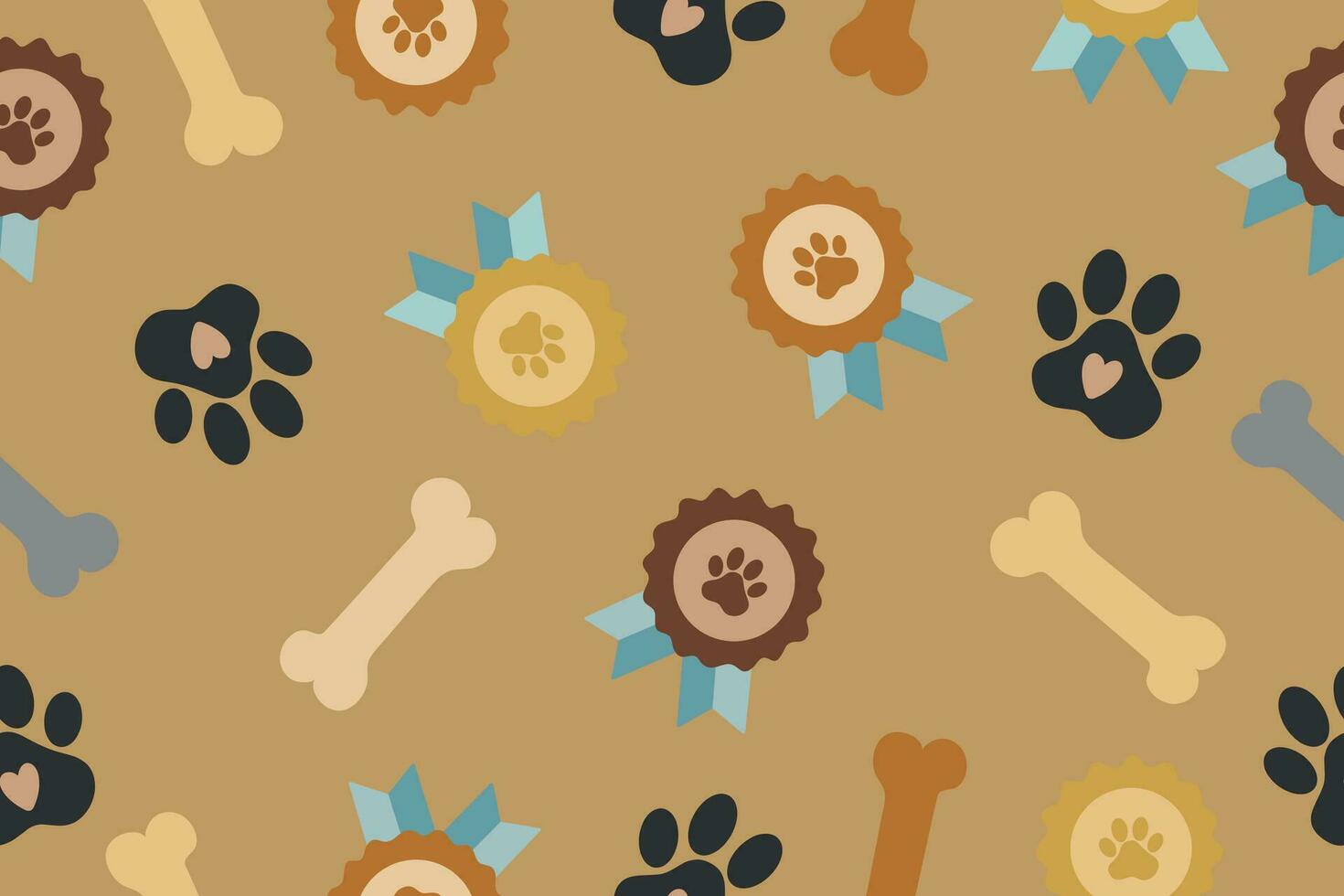 Seamless pattern of award symbol icon. Badge with dog or cat paw print and ribbons. Pet show winner concept. Vector illustration