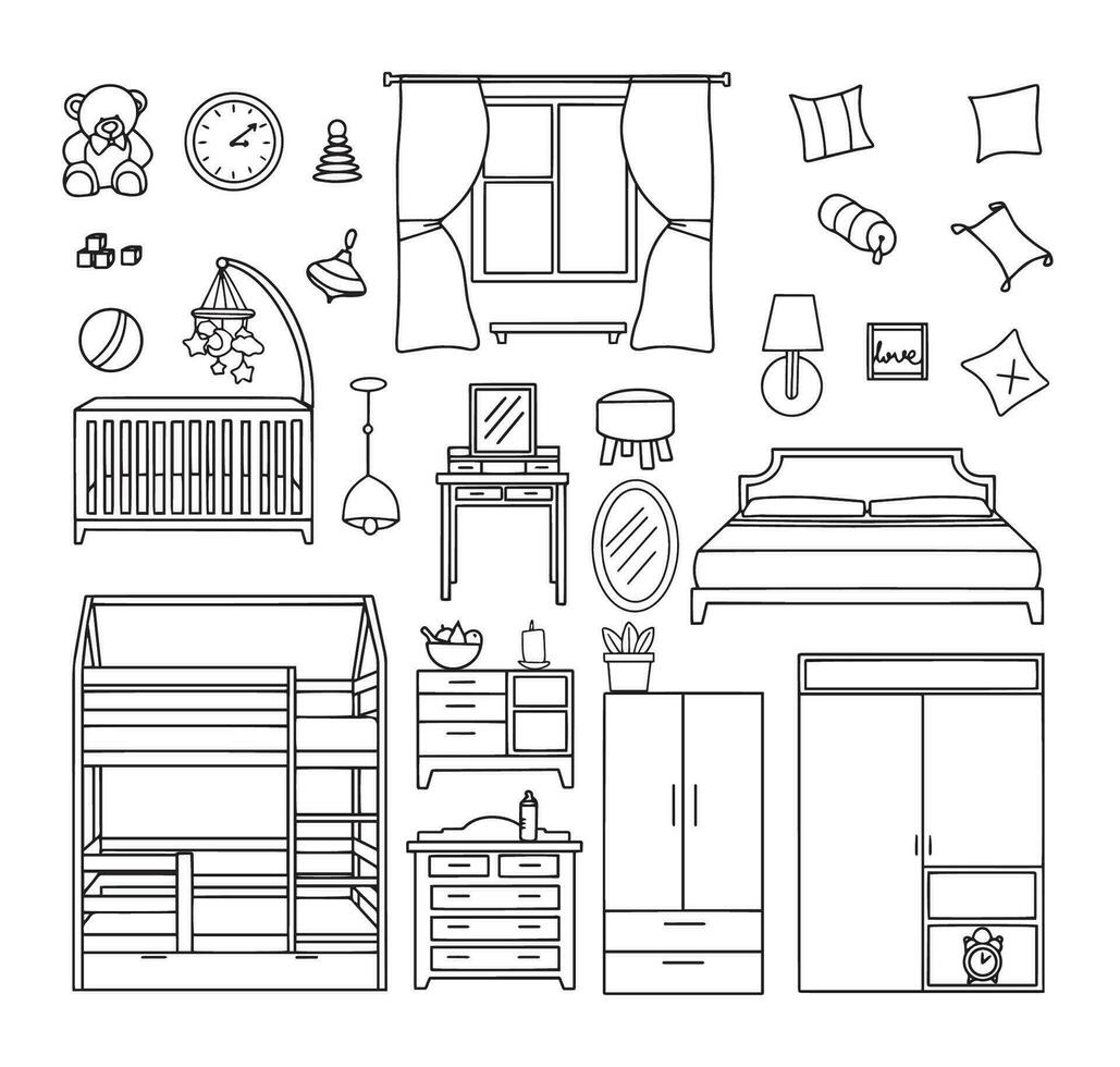 Vector set of hand drawn and isolated doodles of furniture and decorative elements. Sketches for use in design. Vector illustration