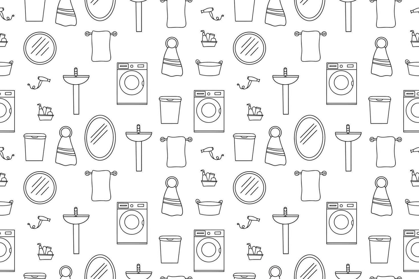 Seamless pattern of bathroom icons in vector black color. Bathroom accessories. Vector