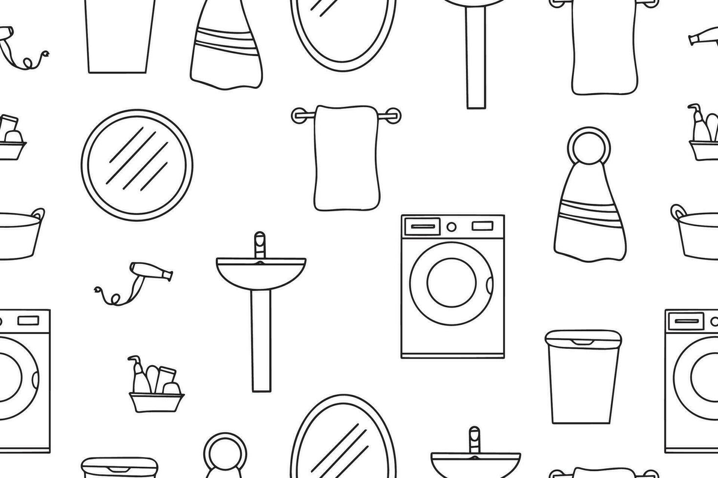 Seamless pattern of bathroom icons in vector black color. Bathroom accessories. Vector