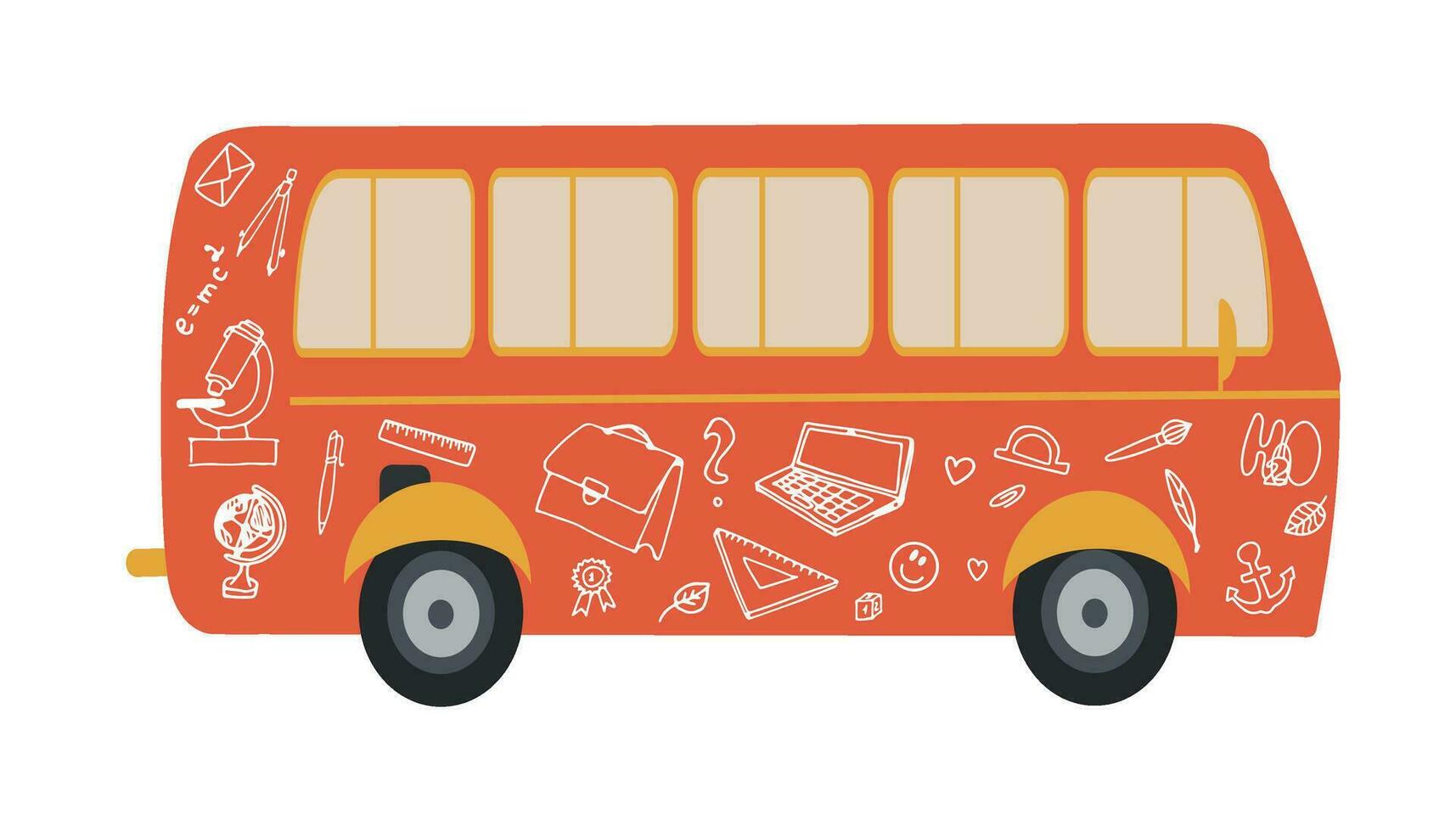 School bus on a white background. Vector flat illustration. Illustration of a logo with a school bus icon. Bus with drawings of school doodle illustrations. Vector