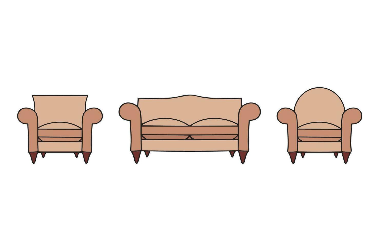 A set of sofa and two armchairs. A modern collection of upholstered furniture. Color flat vector illustration isolated on a white background. Vector