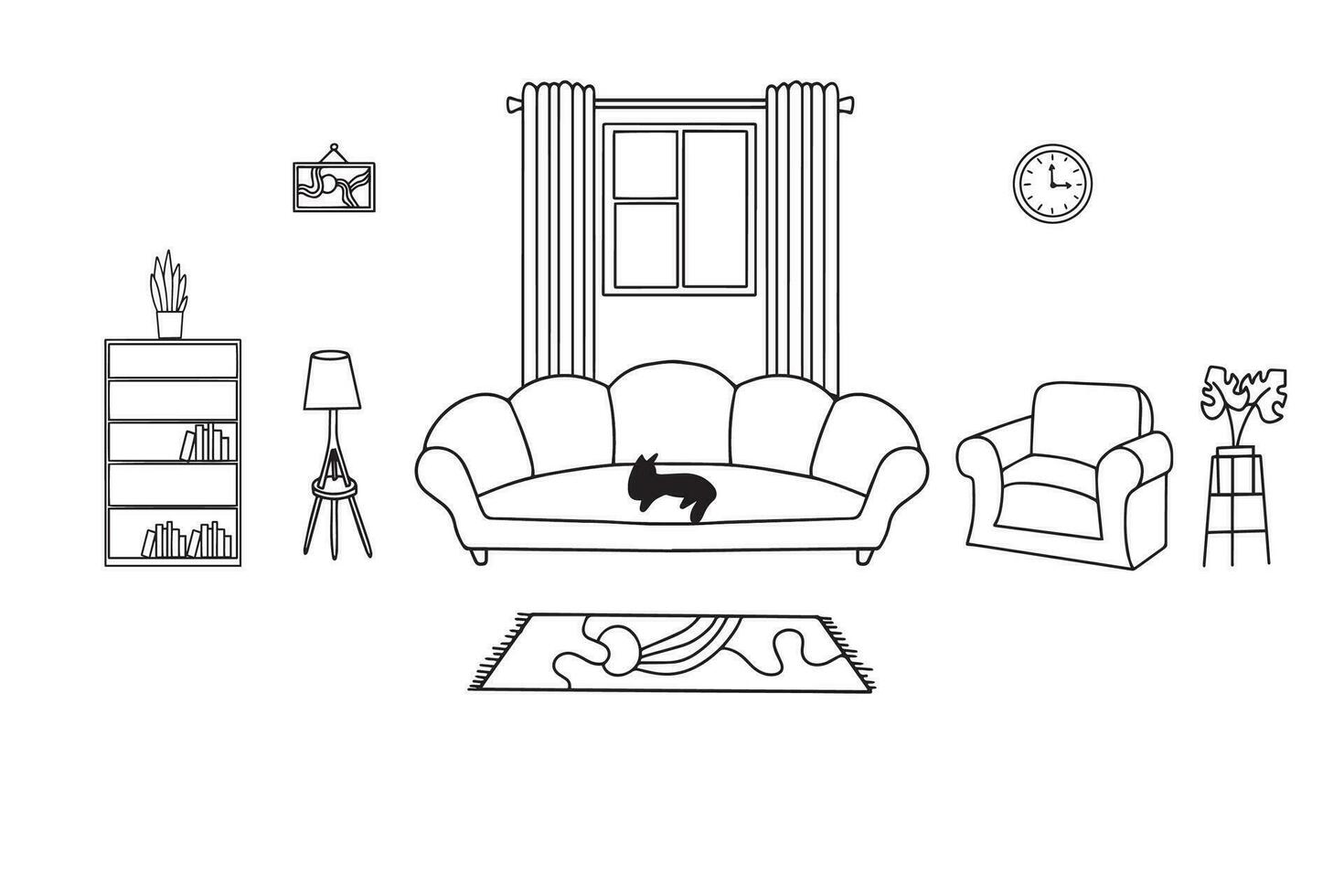 Drawing of the living room. Home-made modern furniture from a cozy sofa with two armchairs in a simple linear style. Vector