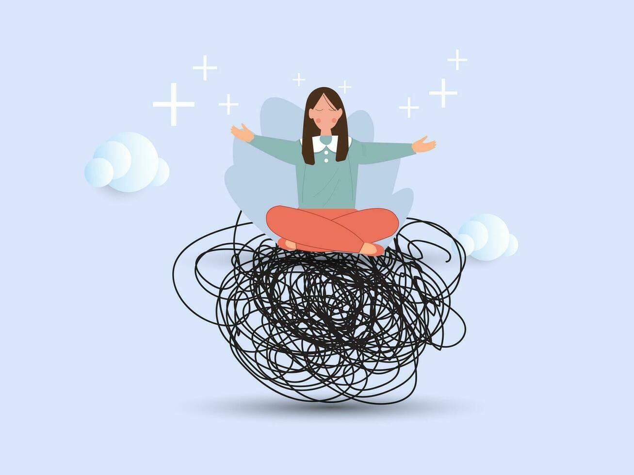 Woman in lotus meditation on chaos mess line with positive energy. Stress management, meditation or relaxation to reduce anxiety, control emotion during problem solving or frustration work concept. vector