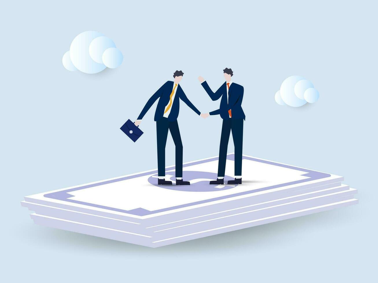 Business people handshake on pile of money banknote after finish agreement. Salary negotiation, pay raise discussion or wages and benefit agreement, business deal or merger and acquisition concept. vector
