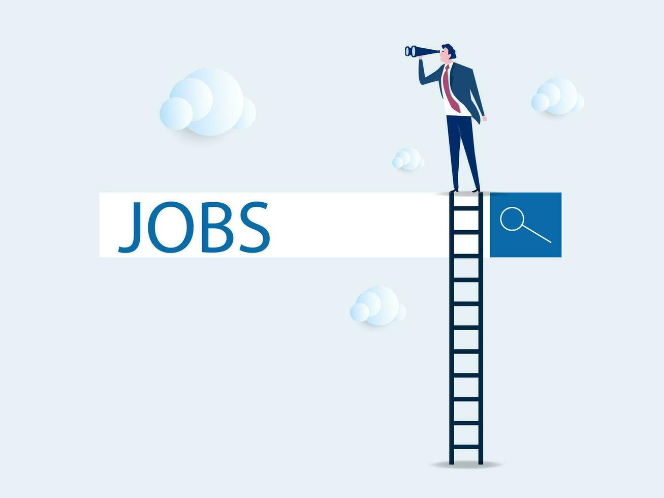 businessman climb up ladder of job search bar with binoculars to see opportunity. Looking for new job, employment, career or job search, find opportunity, seek for vacancy or work position concept. vector