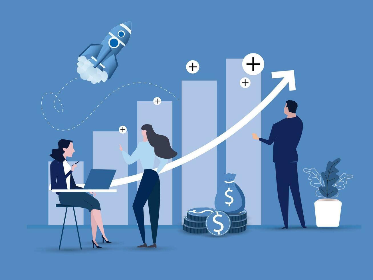 Startup managers presenting and analyzing sales growth chart. Group of workers with heap of cash, rocket, bar diagrams with arrow and heap of money. vector illustration.