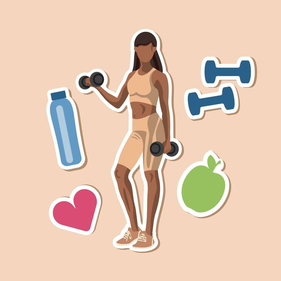 Stickers of faceless fitness African American woman in sportswear standing and doing a workout with dumbbells and fitness elements. Vector illustration