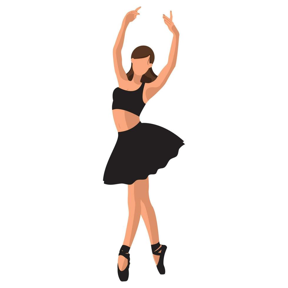 Vector illustration classical ballet. Caucasian white woman ballet dancer in black tutu and pointe shoes dancing on white background. Beautiful young faceless ballerina in a flat style