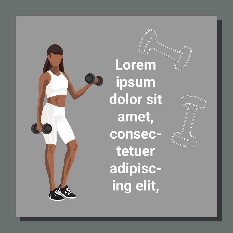 Fitness card poster with a African American woman in sportswear standing and doing a workout with dumbbells on gray background with copy space text. Vector illustration