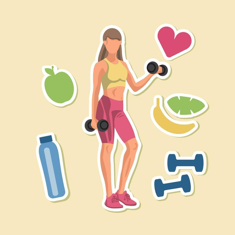 Stickers of faceless fitness Caucasian woman in sportswear standing and doing a workout with dumbbells and fitness elements. Vector illustration