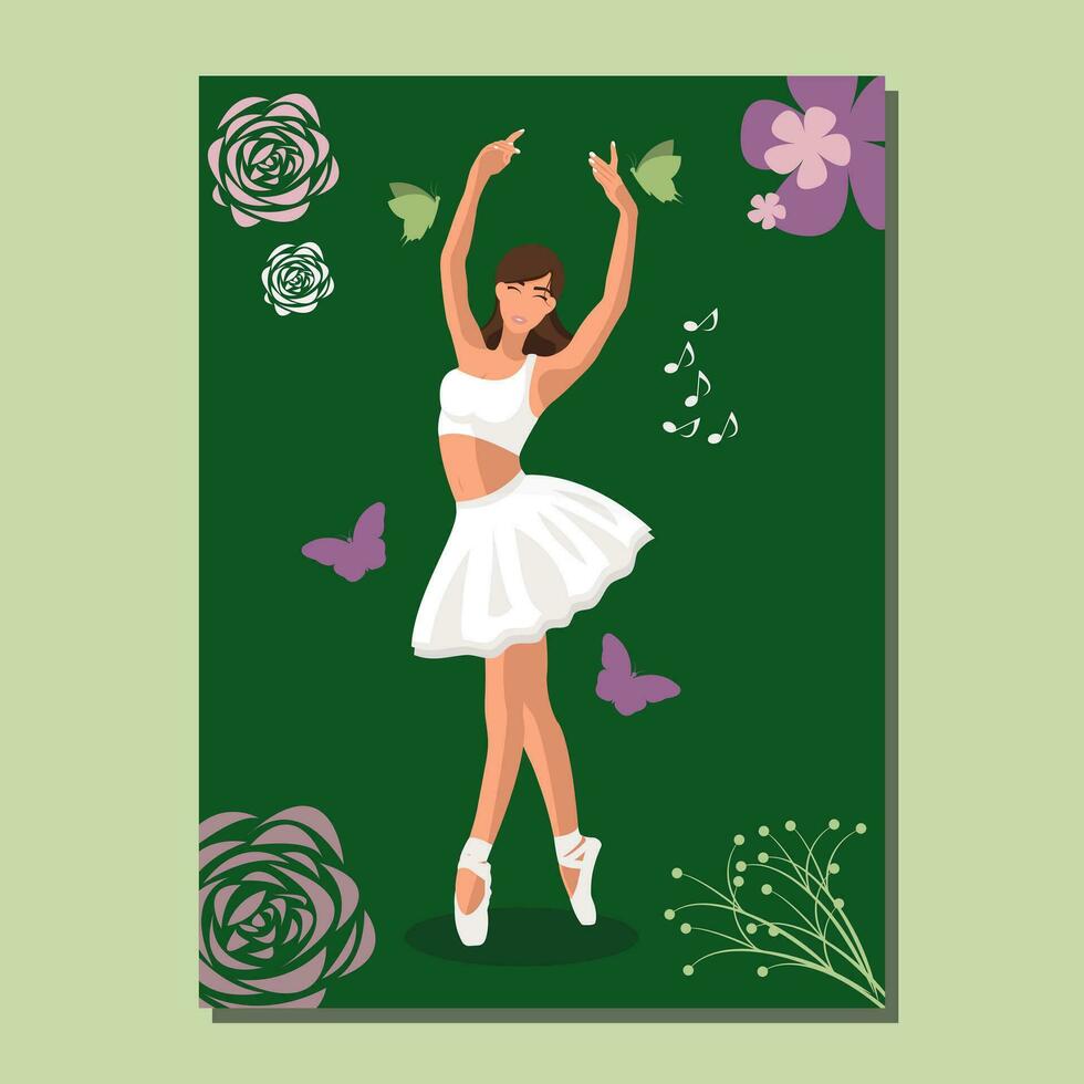 caucásico blanco sin rostro bailarina en un blanco tutu y pointe Zapatos bailando en un verde póster con flores y mariposas vector ilustración en plano estilo