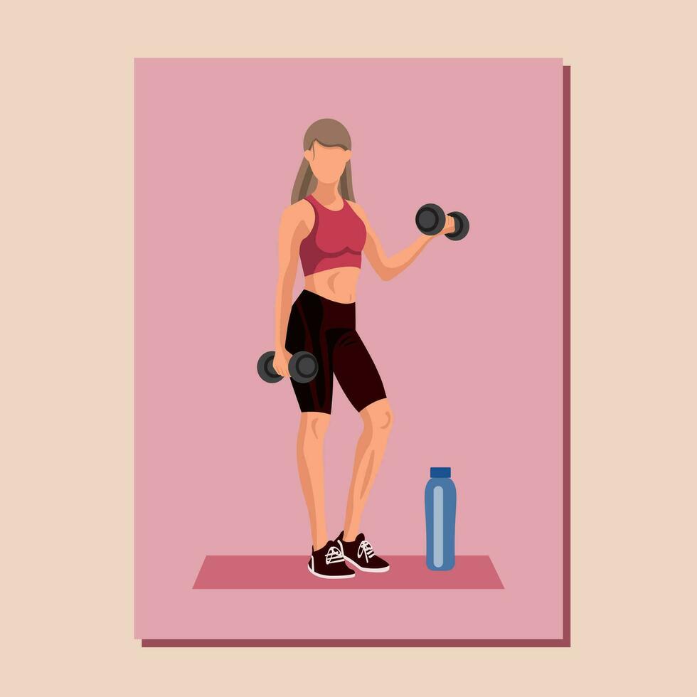 Fitness poster with a Caucasian woman in sportswear standing on a fitness mat with a water bottle and doing a workout with dumbbells on pink. Vector illustration