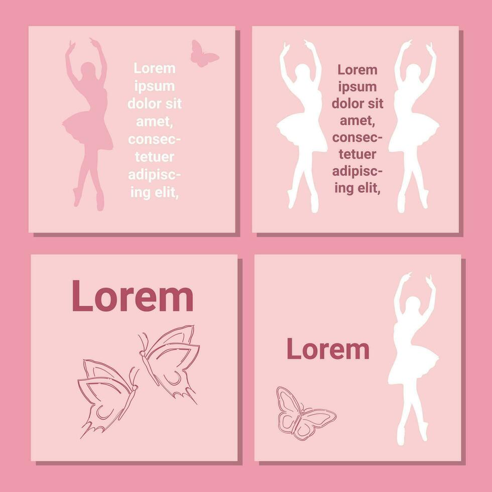 conjunto de teatro boleto diseño. ballet volantes modelo. bailarina silueta en el tutu y pointe zapato con mariposa. rosado tarjeta diseño con Copiar espacio texto. vector ilustración