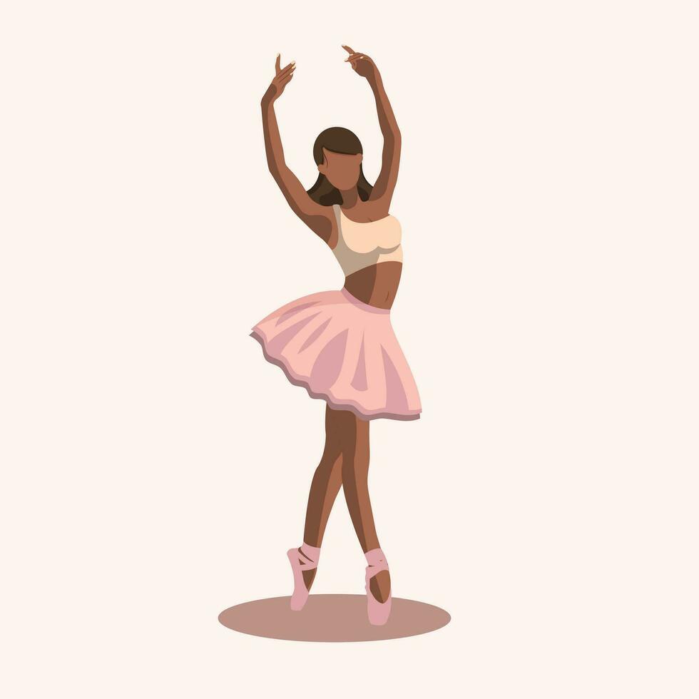 Vector illustration classical ballet. African American woman ballet dancer in a pink tutu and pointe shoes dancing on white background. Beautiful young faceless ballerina in a flat style