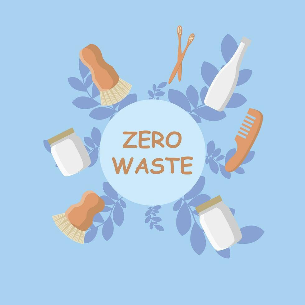 Zero waste infographic vector illustration. Environment care visualization with brush, jar, and bottle