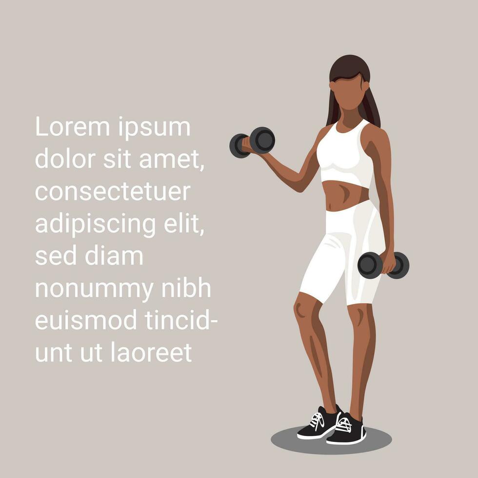 Fitness poster with a African American woman in sportswear standing and doing a workout with dumbbells on purple background with copy space text. Vector illustration