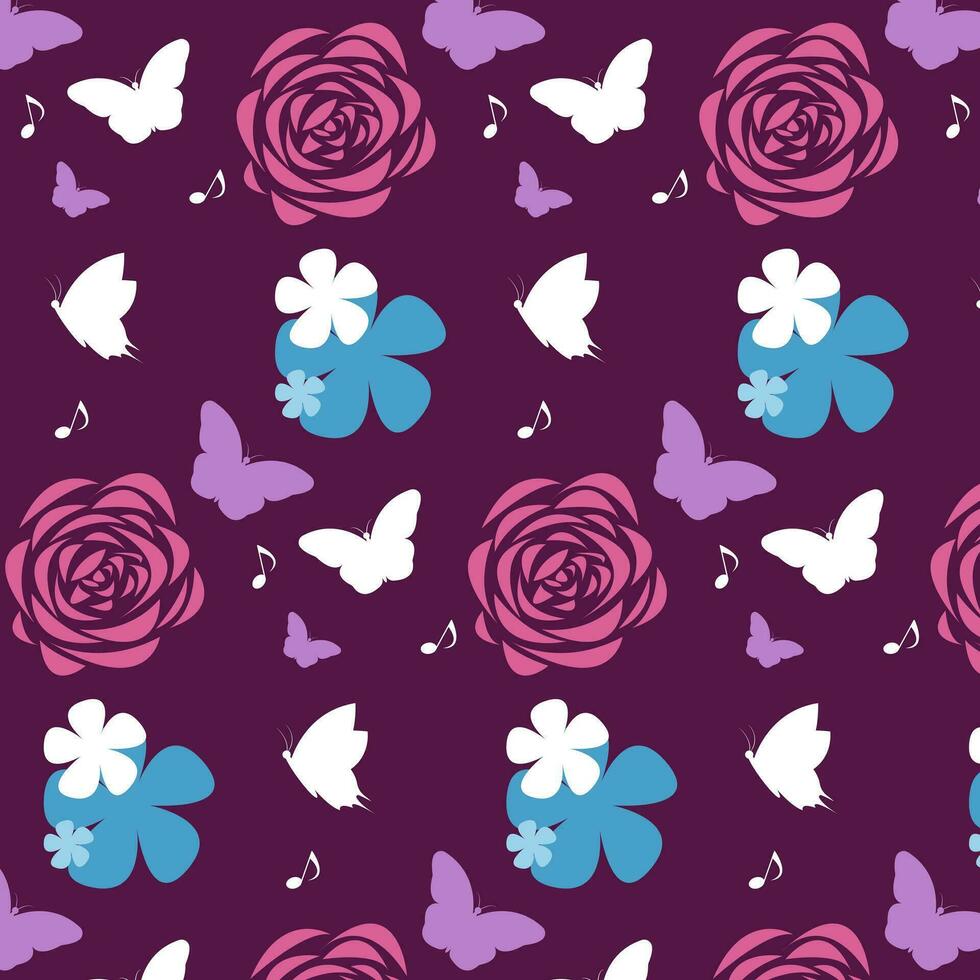 Seamless pattern of a purple and white butterfly with a blue and red flower on a purple background, graphic design print, vector illustration
