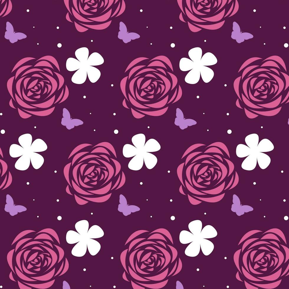 Seamless pattern of a purple butterfly with a white and red flower on a purple background, graphic design print, vector illustration