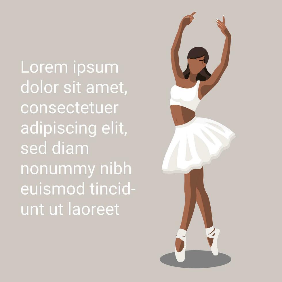 African American faceless ballerina in a white tutu and pointe shoes dancing on a purple background with copy space, text Lorem Ipsum. Vector illustration in flat style