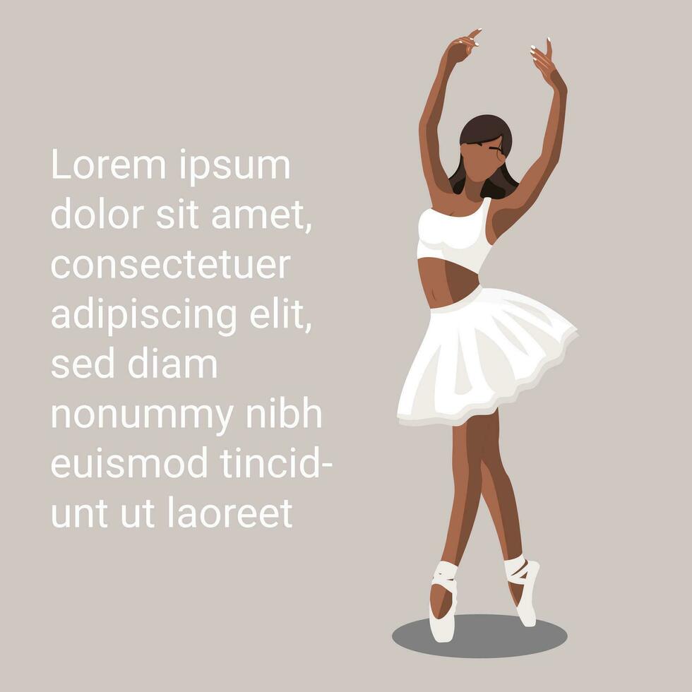 africano americano sin rostro bailarina en un blanco tutu y pointe Zapatos bailando en un púrpura antecedentes con Copiar espacio, texto lorem ipsum. vector ilustración en plano estilo