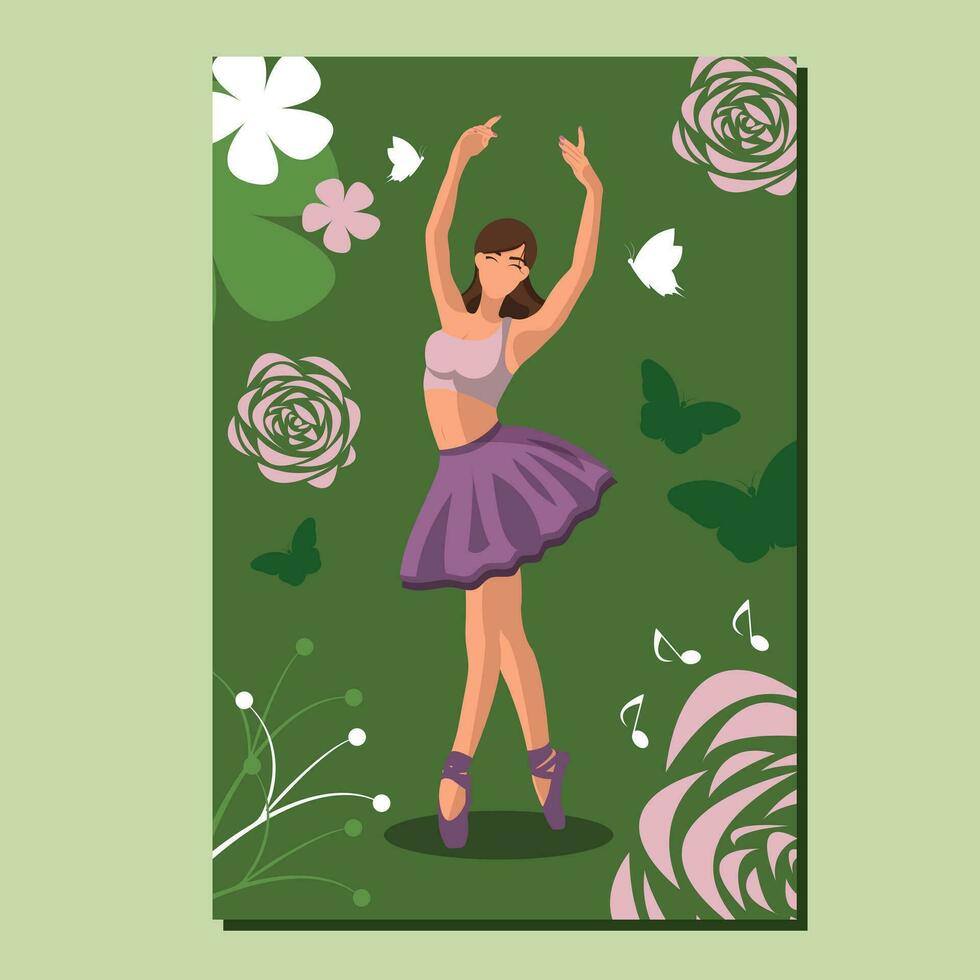 caucásico blanco sin rostro ballet bailarín en un púrpura tutu y pointe Zapatos bailando en un verde póster con flores y mariposas vector ilustración en plano estilo