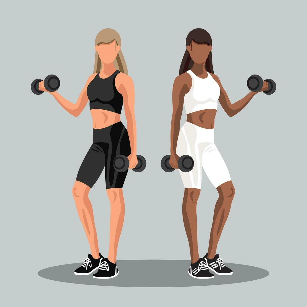 Faceless fitness Caucasian and African American women in sportswear standing and doing a workout with the dumbbells. Workout and sports training concept. Vector illustration