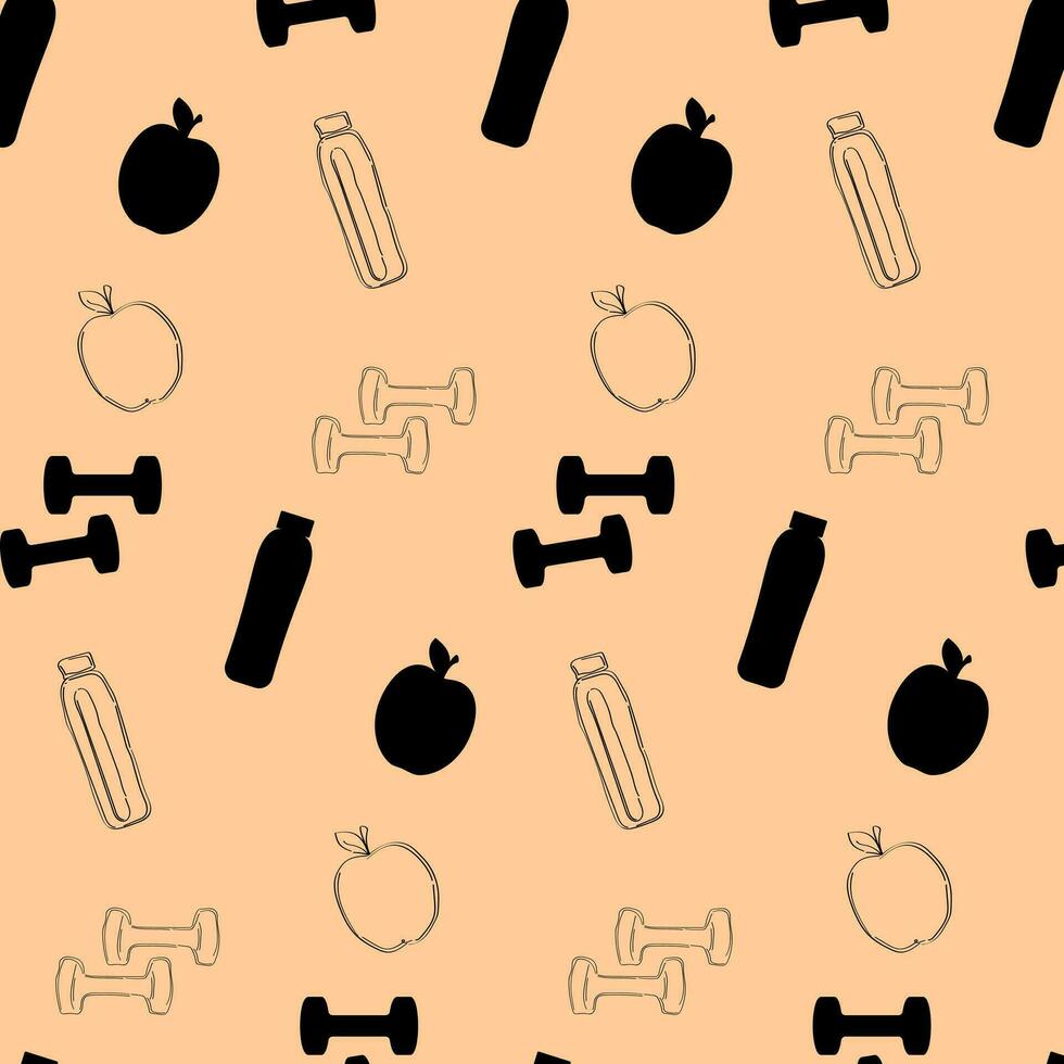 Seamless pattern with icons of gym dumbbells, bottles of water, and apples. Vector illustration