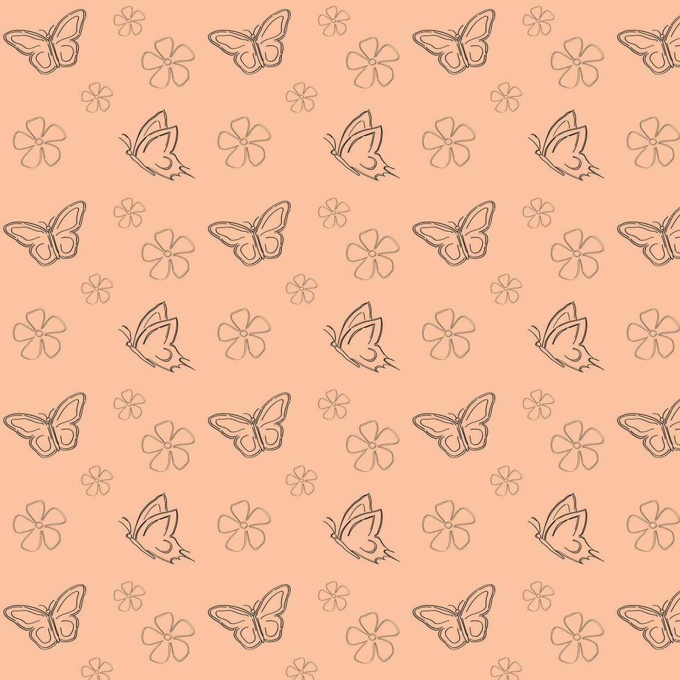 Seamless pattern silhouette of the butterfly and flower on beige background, graphic design print, vector illustration