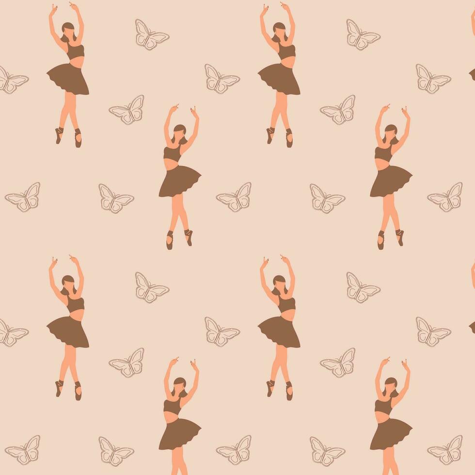 Seamless pattern of a faceless dancing ballerina silhouette with the butterfly on beige background vector