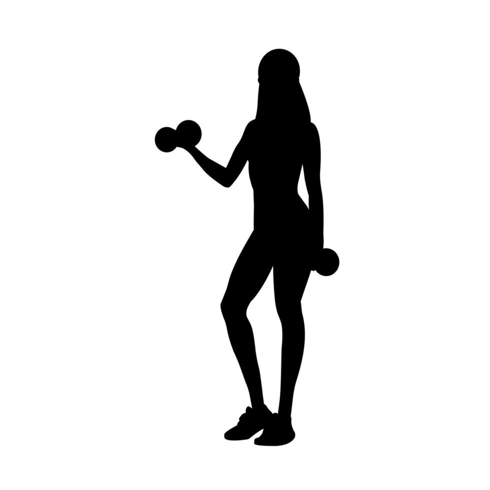 Silhouette of a fitness woman standing and doing a workout with dumbbells. Workout and sports training concept. Vector illustration