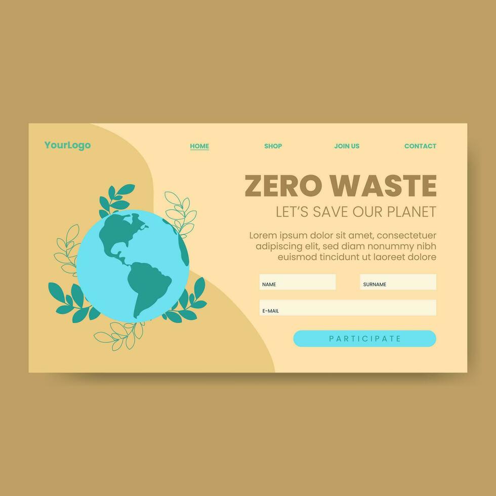 Earth globe with green leaves with text Zero Waste on a landing page, vector illustration