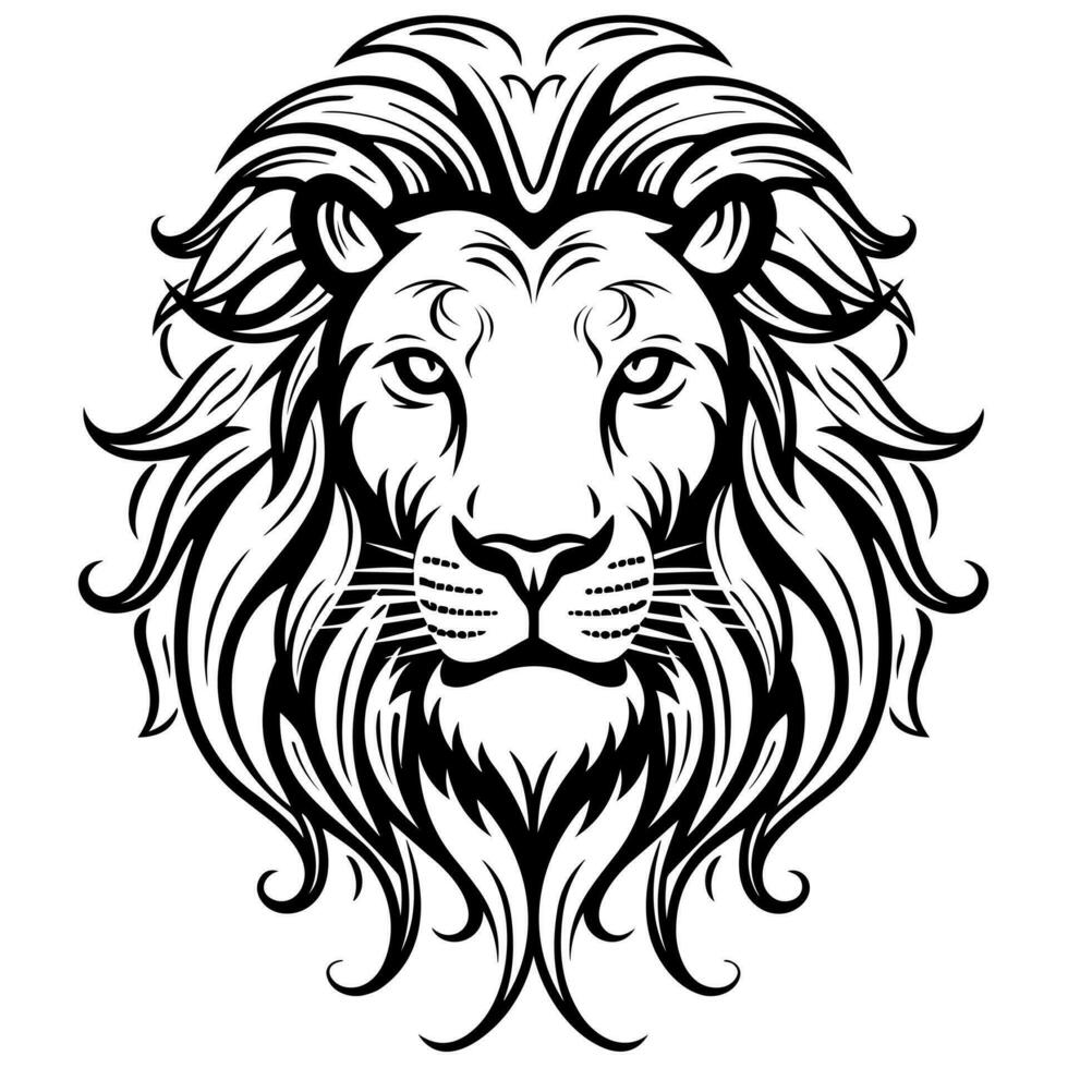 Black and white lion's head with long mane vector